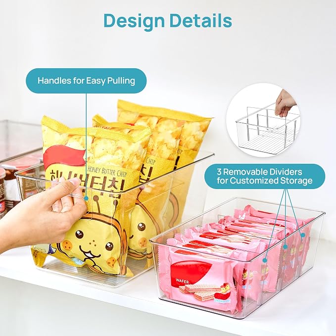 Vtopmart 8 Pack Clear Storage Bins Set for Pantry Organizer | 4 Large Pantry Bins with Handle and 4 Medium Snack Organizer Bins with 4-Compartment for Pantry, Kitchen, Fridge, Cabinet