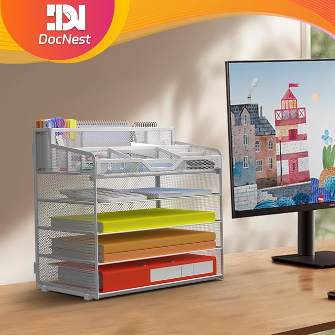 Docnest 5 Tier Mesh Desk Organizer with Letter Tray & Paper Sorter, White | Features 3 built-in pen holders & 5 adjustable compartments on top. Includes 4 non-slip rubber feet for desk protection