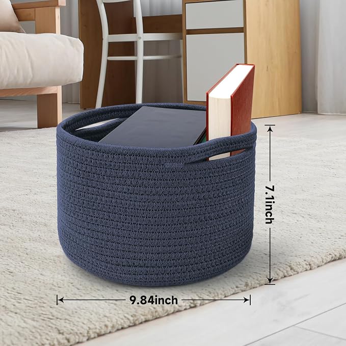 3 Pack Small Rope Storage Baskets, 9.82×9.82×7.1", Navy Blue | Cotton Basket for Gifts Empty, Cute Round Woven Basket, Decorative Shelf Basket Organizer, Organizing Basket for Shelves