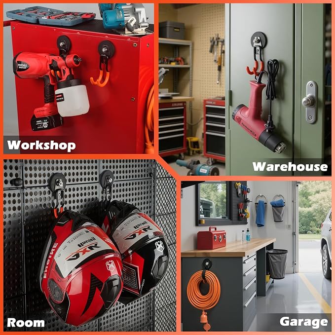ULIBERMAGNET New Upgraded Garage Strong Magnetic Hooks, 4 Pack Heavy Duty Large J Hooks with Magnet, Anti-Slip Coating Magnet Hooks for Garden Tools, Ropes,Drill