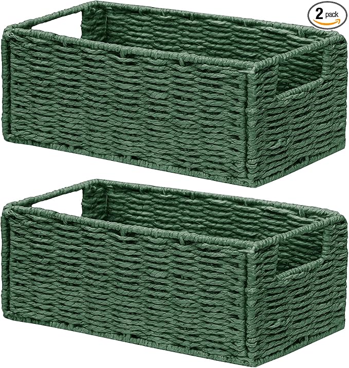 Vagusicc Wicker Storage Basket, Set of 2 Hand-Woven Paper Rope Wicker Basket, Small Storage Baskets for Organizing Toilet Paper, Foldable Small Cube Organizer Bins for Shelves and Bathroom (Green)