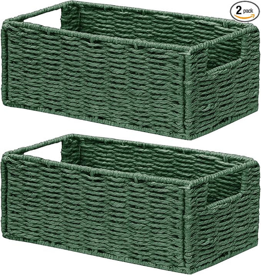 Vagusicc Wicker Storage Basket, Set of 2 Hand-Woven Paper Rope Wicker Basket, Small Storage Baskets for Organizing Toilet Paper, Foldable Small Cube Organizer Bins for Shelves and Bathroom (Green)