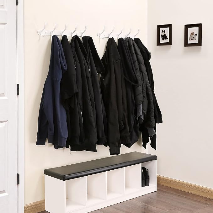 SKOLOO Coat Rack Wall Mount White- Modern, Metal Wall Coat Rack with 5 Hooks, Sturdy Wall Mounted Coat Hooks for Hanging Coat, Jacket, Clothes, Hats