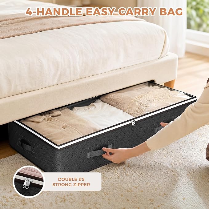 Budding Joy Under Bed Storage Containers with Clear Lids, 4 Pack | Foldable closet organizers for clothes, blankets, shoes, bed sheets, comforter, wrapping paper, home dorm storages, 60L black