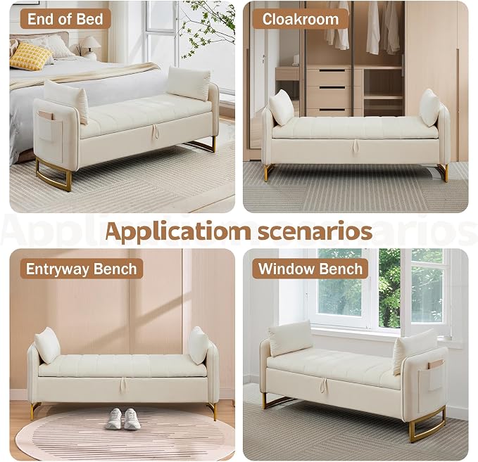 66" End of Bed Storage Bench King Size, Velvet Storage Benches for Bedroom Foot of Bed, Upholstered Storage Ottoman Bench with Golden Legs and Pillow for Living Room Window Entryway, Cream