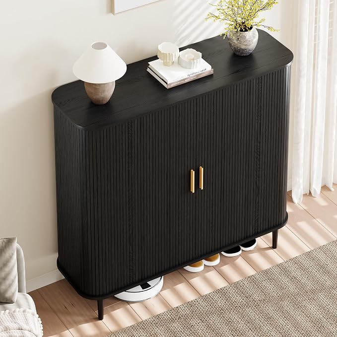 DHH Shoe Storage Cabinet with Sliding Door, 6-Tier Shoe Cabinet with Adjustable Shelves, Mid Century Modern Freestanding Shoe Storage Organizer for Entryway, Hallway, Living Room (Black, 47 ")