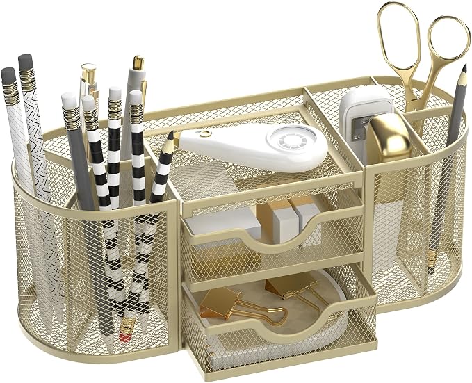 Mesh Desk Organizer, Desk Organizers and Accessories, Pen Holder with Drawers, Pencil Holder for Desk with 2 Drawer for Office Supplies, Golden yellow