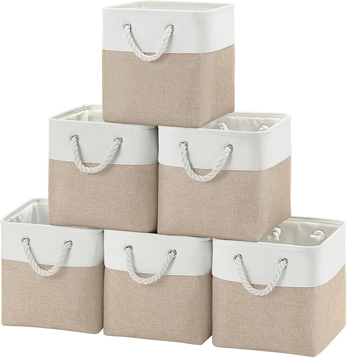 Cube Storage Bins, Collapsible Fabric Storage Cubes Bins, 11 Inch Cube Storage Bins with Handles, Foldable Storage Cubes (White/Beige, 6Pack)