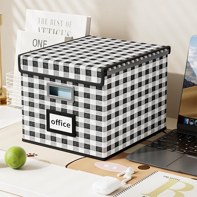 File Organizer Box with Lids, Collapsible File Folder Organizer | File Box with Plastic Slides for Document, Filing Bin for Letter Size Hanging File Folders (1 Pack, Black & White Lattice)