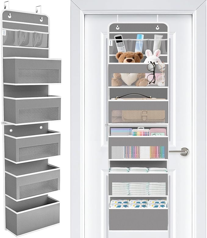 Over The Door Organizer Storage Large Capacity Hanging Bedroom Storage | 6 Shelves, Detachable, 40 LB Capacity, Mesh Design, Clear Window, Sturdy, Storage Organizer for Nursery, Pantry & Closet