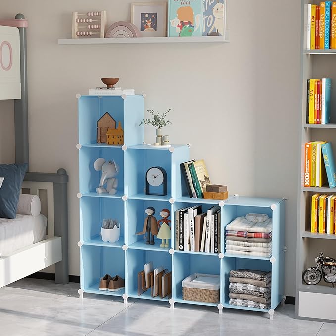 AWTATOS 12 Cube Storage Organizer, Closet Organizers Storage Shelves, Blue | Portable Closet Organizers, DIY Stackable Storage Cubes Shelves Bookshelf, Plastic Clothes Shelving for Home, Bedroom