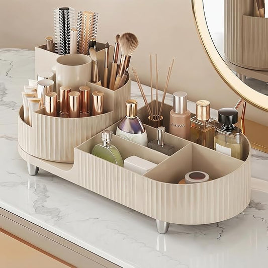Booklov Rotating Makeup Organizer for Vanity Countertop, Cream | Plastic Cosmetic Display Case, Large Beauty Brush Holder for Bathroom Counter, Skin Care Perfumes Storage