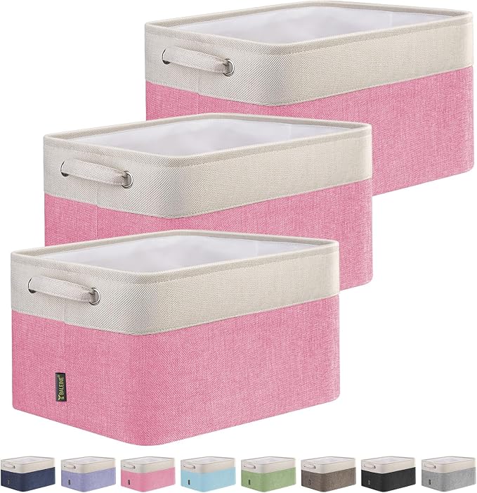 BALEINE 3 Pack Fabric Closet Storage Bins for Shelves, Linen Closet Organizers and Storage, Decorative Baskets for Organizing, Shelf, Clothes, Home, Office (Pink, 12"x8"x8")