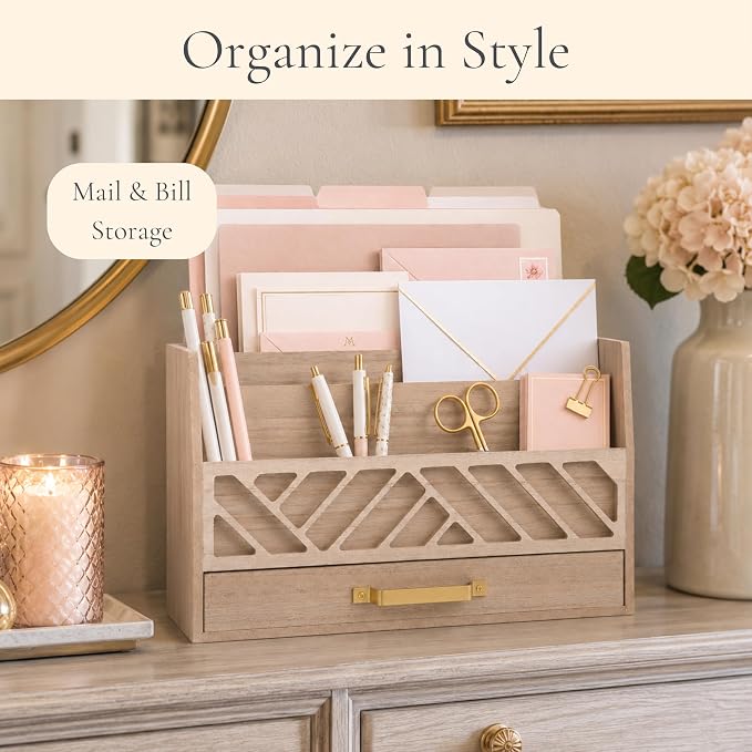 BLU MONACO | Wooden Mail Organizer with Drawer and Gold Handle | Outgoing Mail Holder and Letter Sorter for Desk | Natural Wood Desktop Paper Organizer