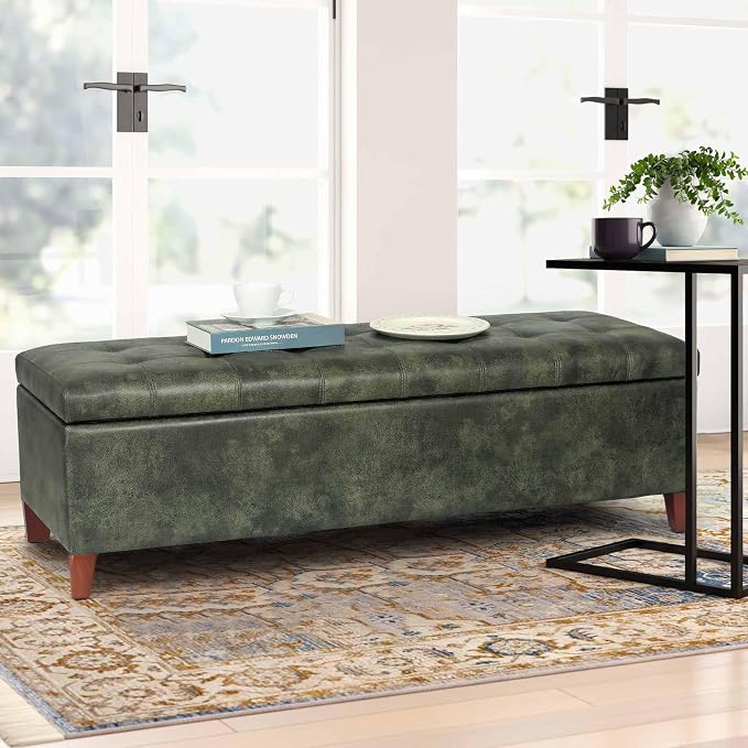 Ottoman with Storage, 51 Inch End of Bed Storage Ottoman Bench, Faux Leather Upholstered Ottomans with Hinged Lid, Rectangle Long Foot Rest Bench for Living Room Bedroom Dark Green