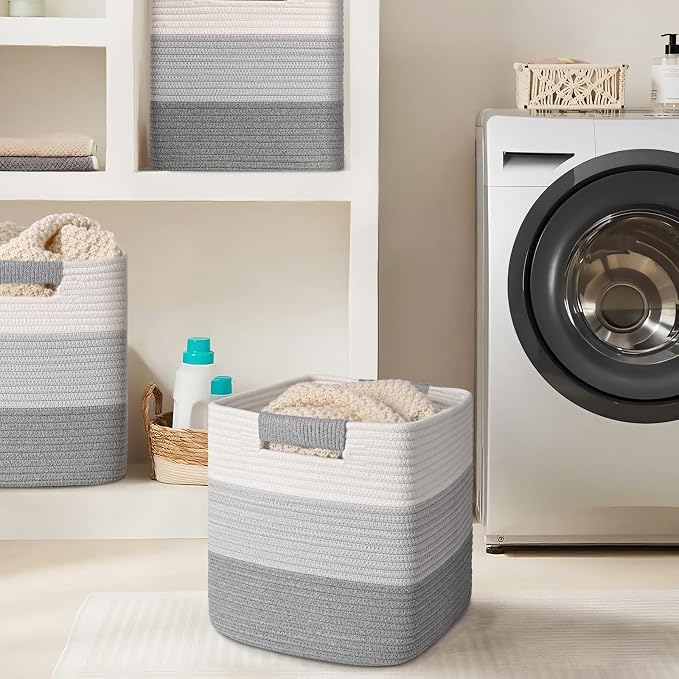 13 Inch Storage Cubes, 3 Pack Cube Storage Bins for Organizing, Cotton Rope Woven Baskets for Shelves, Bathroom, Kids Room, Closets, Baby Nursery
