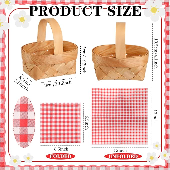 12 Pcs Summer Mini Woven Picnic Basket Party Favor Red White Gingham Paper Napkins Wood Chip Mini Flower Fruit Picnic Basket Chip for Summer Wedding Party Baby Shower Decoration (Medium)