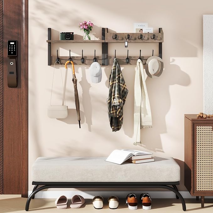 YMYNY 31.5" Coat and Key Rack Wall Mount with Shelf, Silver Gray, HWS007Y-2 | 4-in-1 Coat and Key Hanger with 12 Metal Hooks, Entryway Wall Shelf with Hooks & Mail Holder for Living Room, Bedroom