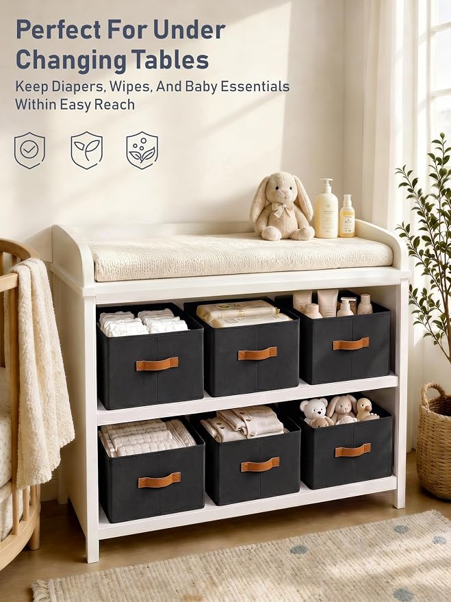 6 Pack Large Closet Storage Baskets Bins for Shelves, Collapsible Fabric Closet Organizers and Storage with Polyester Handles, Decorative Baskets for Organizing Clothes, Towels, Linen Closet 14"x10"