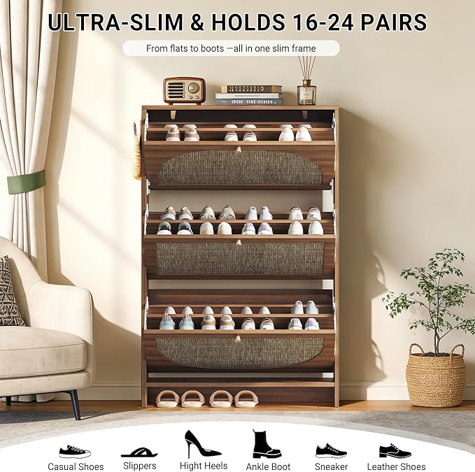 Nicetree Rattan Arched Accent Shoe Storage Cabinet - Freestanding Ultra Slim for Entryway, 3 Flip Drawers & 3-Tier Adjustable Shelves, Farmhouse Modern Rustic Shoe Rack for Hallway, Foyer, Living Room