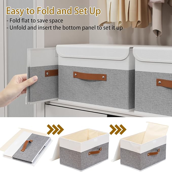 Yawinhe Collapsible Storage Bins,White/Grey,13.0x9.0x7.9in,1-Pack | Fabric Storage Box with Lids, Washable Cube Organizer Basket; Fabric Container with Leather Handle,Closet Organizer for Home