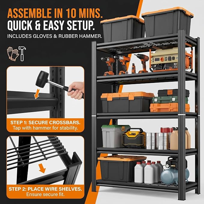Garage Shelving, Heavy Duty Adjustable Boltless Metal Storage Shelves | 3000 LBS Industrial Steel Rack for Pantry Kitchen Basement Warehouse Storage, 72"H x 36"W x 16"D