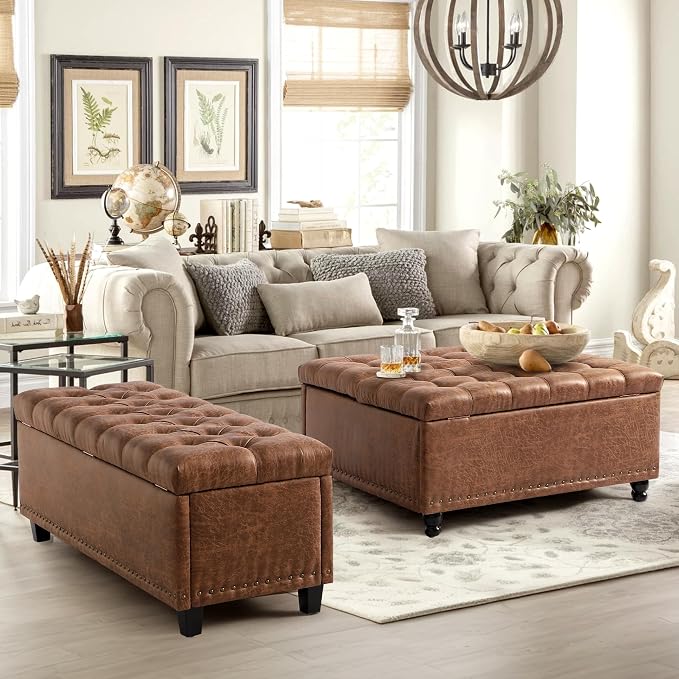 Grepatio 51" Ottoman Storage Benches, 30 Gallons End of Bed Storage Bench, Large Rectangular Ottoman, Button-Tufted Ottomans with Storage for Living Room Bedroom, Foot of Bed (Brown)