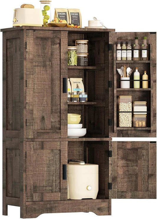 Storage Cabinet with 4 Doors, 43.3" H Farmhouse Kitchen Cabinet with 6 Door Shelves, Kitchen Storage Cabinets with Adjustable Shelves, for Living Room, Antique Oak