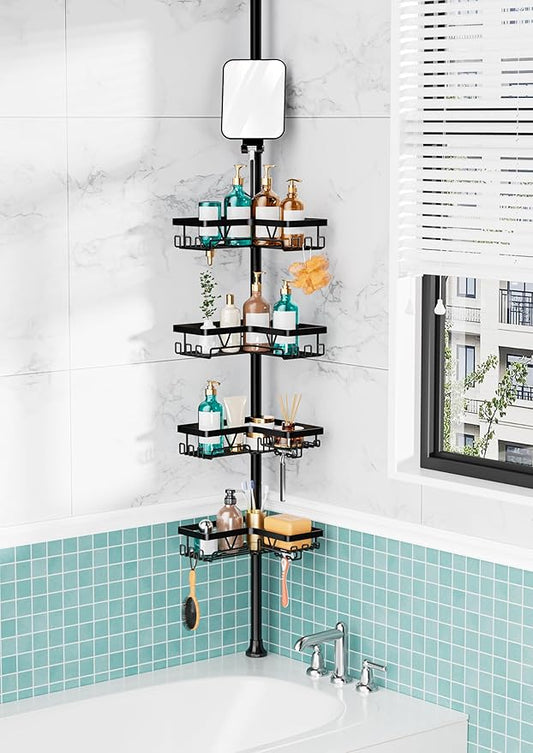 KEGII Shower Caddy Tension Pole, Fogless Mirror Bathroom Organizer, Black | Rustproof Corner Storage with Adjustable 25-114.2 inch Rod, No Drill Design for Shampoo and Shower Essentials