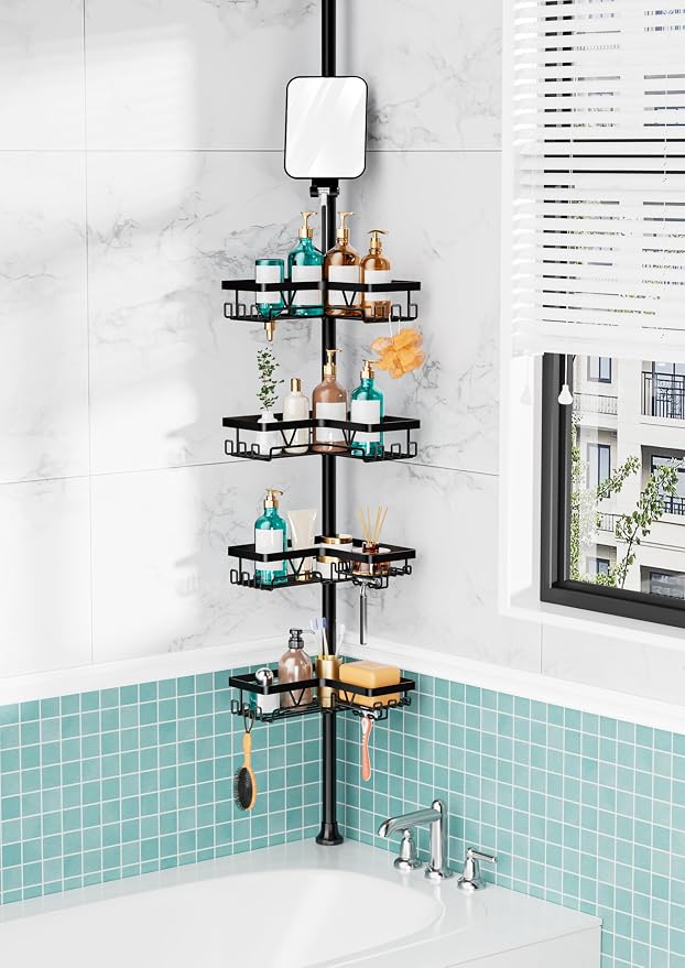 KEGII Shower Caddy Tension Pole, Fogless Mirror Bathroom Organizer, Black | Rustproof Corner Storage with Adjustable 25-114.2 inch Rod, No Drill Design for Shampoo and Shower Essentials
