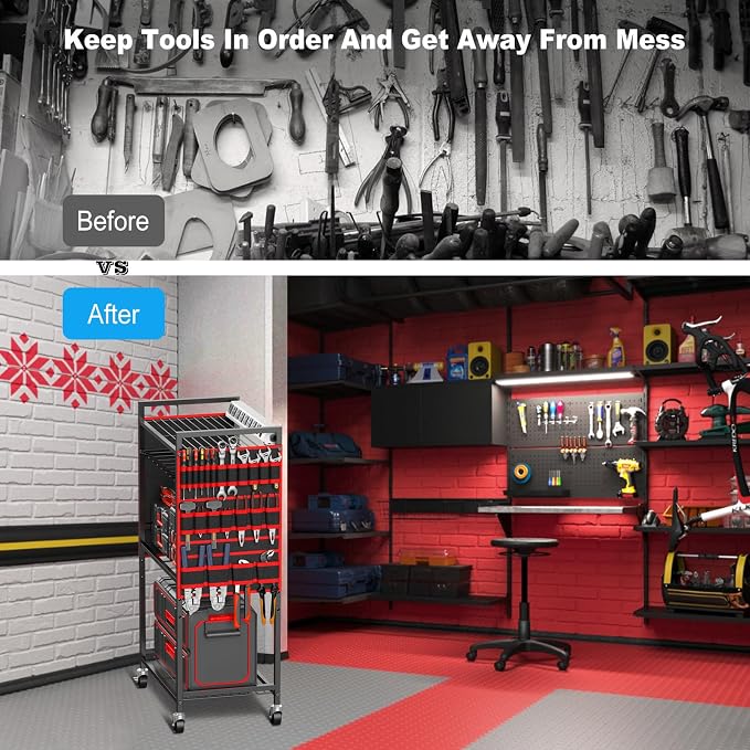 JUNNUJ Power Tool Organizer Cart with Charging Station, 6 FT Cord, Red | Floor Standing, Large Garage Rolling Storage Cart on Wheels, Heavy Duty Drill Battery Storage Rack, with 8 Outlet Power Strip