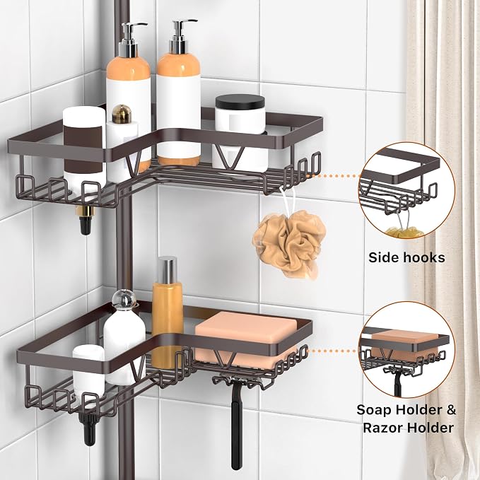 KEGII 4-Tier Corner Shower Caddy Tension Pole, Bathroom Shelf, Bronze | Waterproof Rustproof Storage with Hooks and Soap Holder, Floor to Ceiling Design for Shower and Bathtub Organization