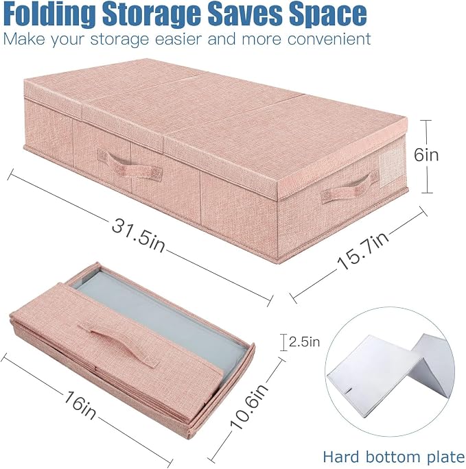 Supowin 2Pack Large Underbed Storage Containers Bin with Lids, Pink | 6 Inches Tall Under Bed Storage Organizer Box with Handles, Foldable Closet Organizer for Clothes, Blankets, Seasonal Items