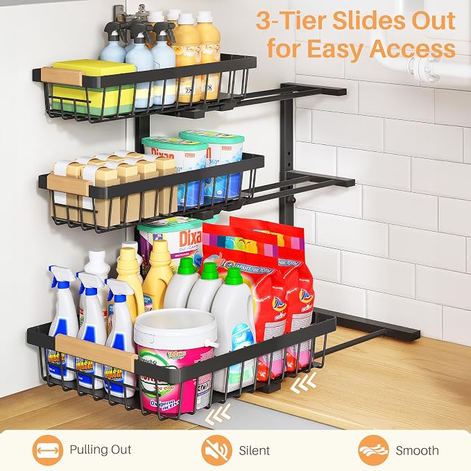 PXRACK Under Sink Organizer, 3-Tier 2-Pack Adjustable Height Pull Out Under Cabinet Organizer, Slide Out Thickened Metal Under Sink Storage for Kitchen Bathroom Laundry Pantry Organization, Black