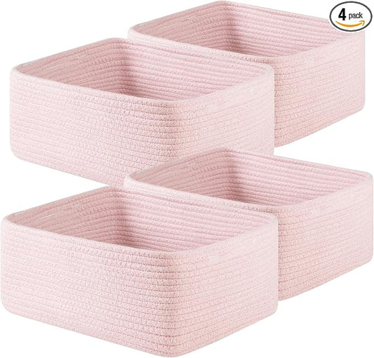 OIAHOMY 4 Pack 14.17 * 11.02 * 6.3IN Storage Baskets for Organizing Shelves, Woven Rope Baskets for Organizing Books, Clothes, Decorative Basket for Living Room, Nursery, Bedroom, Gift Basket, Pink