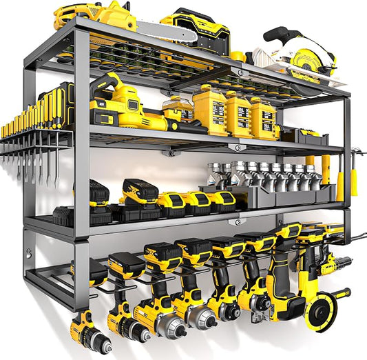 YYR Large Power Tool Organizer Wall Mount, Heavy Duty Metal Cordless Drill Storage Rack with Battery Charging Station Shelf, Utility Racks for Garage Organization, 4 Layer 10 Drills Holder Extra Tall
