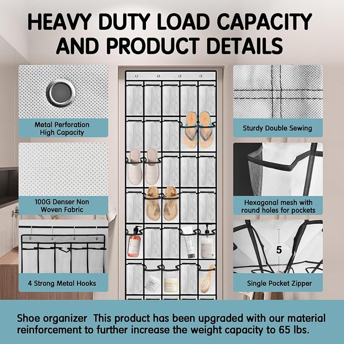 Kotkn 35 Compartment Over The Door Storage - Breathable Mesh Hanging Organizer with Large Pockets, Space Saving Design for Men & Women's Footwear, Closet, Bedroom （White）
