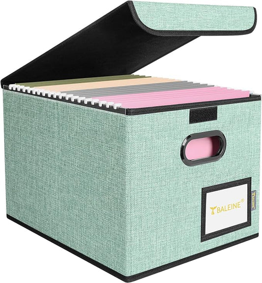 BALEINE File Organizer Box with Lid, Collapsible File Folder Organizer with Plastic Slide, Hanging File Folder Box for Office Document Storage (1 Pack, Green)