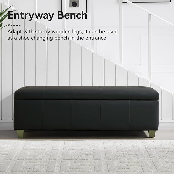 WUTUTUEE 51" Faux Leather Storage Ottoman, Stitch Tufted Rectangle Upholstered End of Bed Storage Bench, Entryway Large Couch Ottoman with Wooden Legs, Dark Black