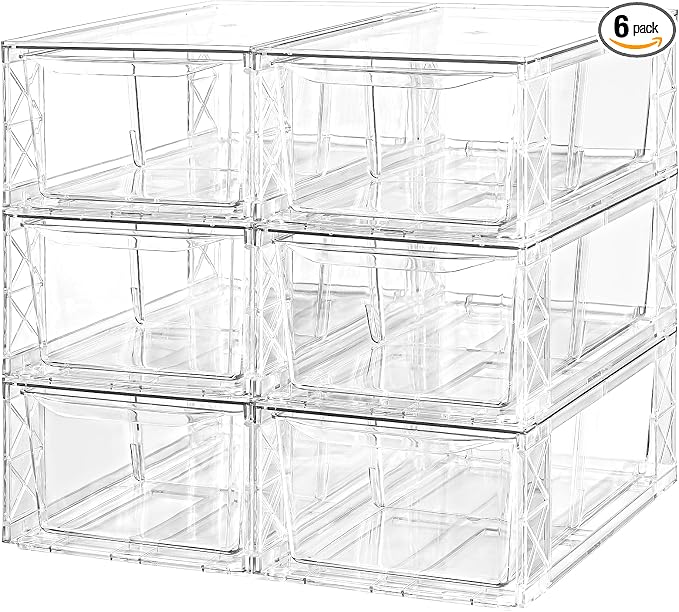 6 Pack Acrylic Storage Drawers, Clear Stackable Storage Drawers, Acrylic Organizers Drawers for Under Sink, Pantry, Bathroom, Makeup Organizers Cosmetic Display,Classroom Storage Organization, Medium
