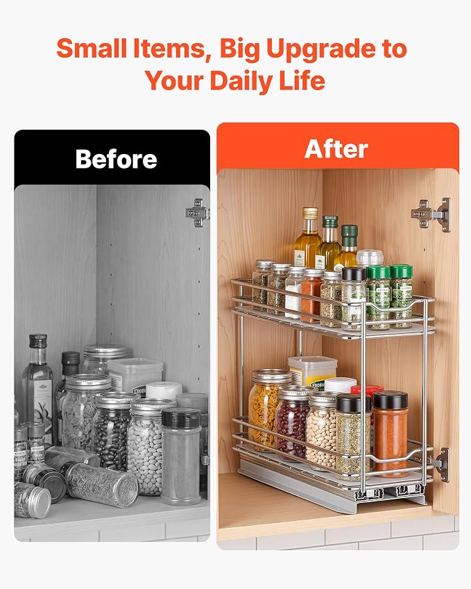 VEVOR Pull Out Spice Rack Organizer for Cabinet, 2 Tier Slide Out Spice Rack Organizer, Heavy Duty Metal Seasoning Kitchen Basket for Inside Cabinets & Pantry Closet, 4.33"W x 8.46"D x 10.43"H, Silver