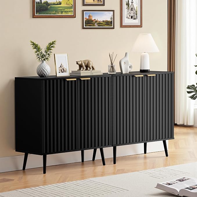 Set of 3 Fluted Storage Cabinet, Buffet Cabinet with Storage, Wood Sideboard with Adjustable Shelf, Modern Accent Cabinet & Console Table for Entryway, Living Room, Dining Room, Black