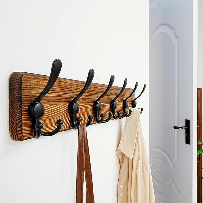 Coat Rack Wall Mounted - 24" Long 6 Tri Hooks, Heavy Duty Wooden Wall Coat Hanger Coat Hook for Clothes Hat Jacket Clothing, Natural and Black
