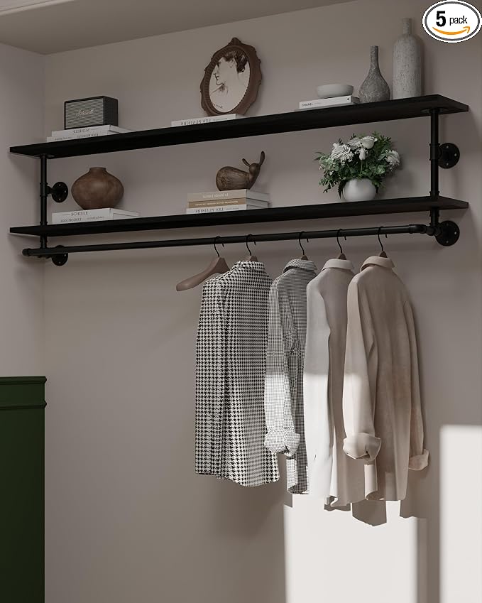 Black Clothes Rack 70in, 2-Tier Wall Mounted Garment Rack with Real Wood Shelf, Heavy Duty Hanging Clothes Rack, Multi-Purpose Hanging Rod, Space-Saving Closet Storage