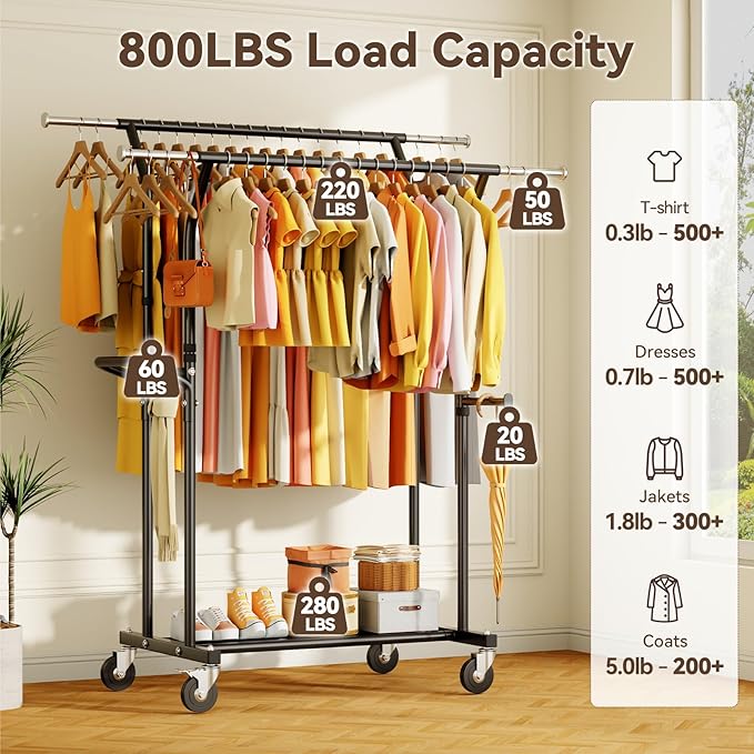 800LBS Heavy Duty Clothes Rack: Rolling Clothing Rack for Hanging Coat Double Rods Portable Wardrobe Garment Racks with Wheels Shelf Sturdy Metal Adjustable Bedroom Laundry Living Room (Brown)