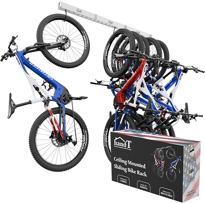 USA Based Ceiling Bike Rack Garage Storage Mount, Bicycle Hanger For Up To 6 Bikes, Sliding 51" Heavy Duty Hook Racks With Padded Hanging Mounts, Hooks Hangers (White, 3 Rails - 6 Hooks)