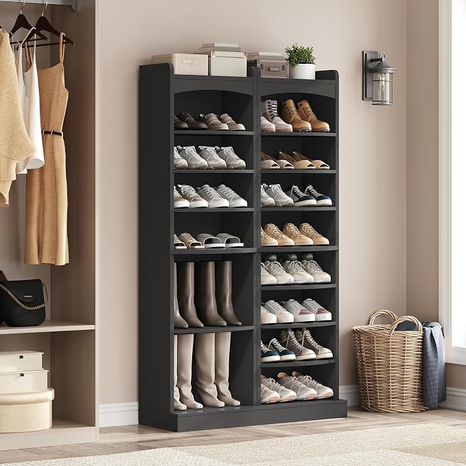 9-Tier Tall Shoe Rack, Wooden Shoe Storage Organizer, Narrow Shoe Cabinet with Removable Shelves for Small Spaces, Holds 18 Pairs of Shoes, for Entrance, Hallway, Black SS22BK