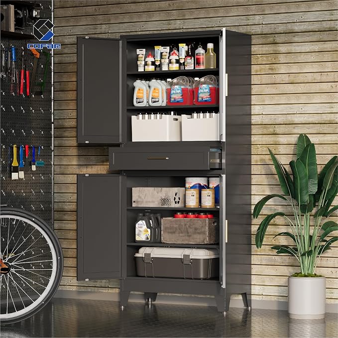 COFaR 71'' Tall Metal Pantry Cabinet with Drawer, Kitchen Storage Cabinet with 4 Doors and Shelves, Freestanding Farmhouse Food Cupboard for Kitchen Dinning Room Garage, Black 6-Tier