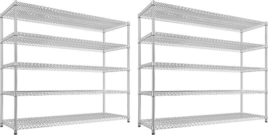 REIBII 55.5" W Storage Shelves 3200LBS Metal Shelving 5 Tier Wire Shelving Garage Shelving Heavy Duty Metal Shelves for Shelving Unit Commercial Adjustable Shelf, 55.5" W X 18''D X 71" H，Chrome,2P