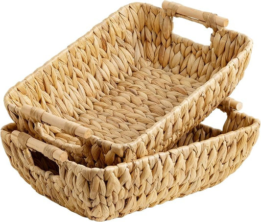 StorageWorks Hand-Woven Large Storage Baskets with Wooden Handles, Water Hyacinth Wicker Baskets for Organizing, 2-Pack